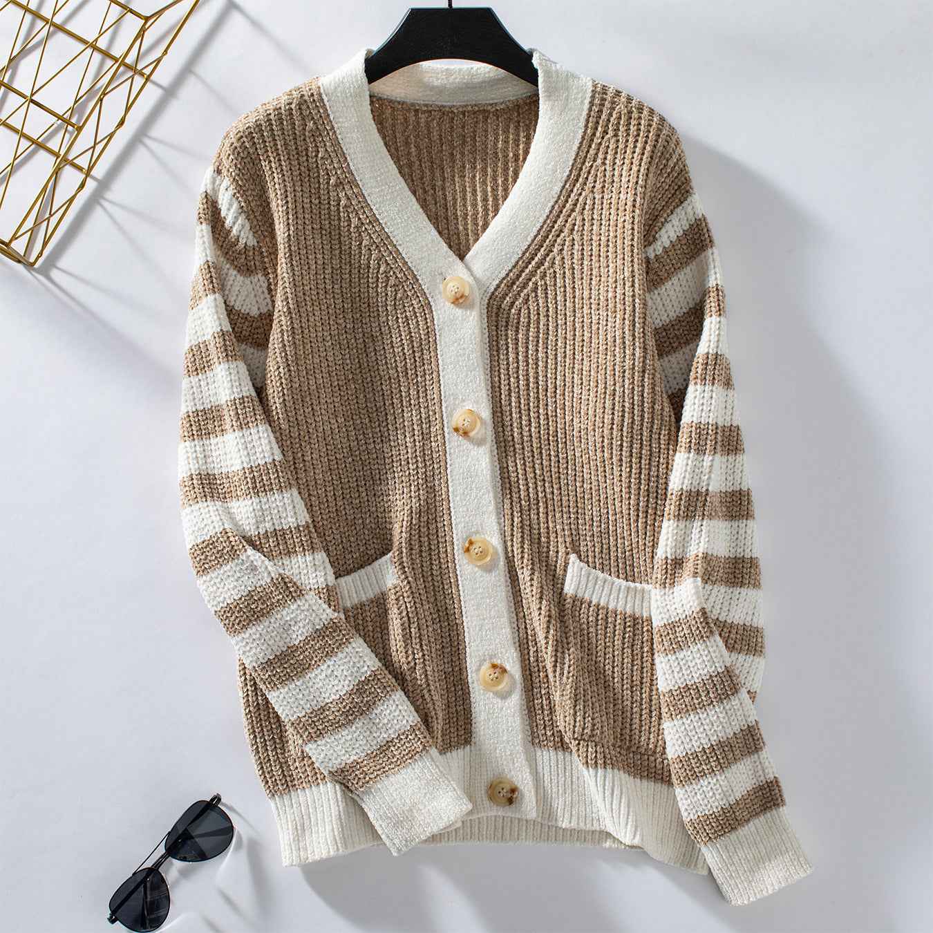 Striped Knit Cardigan with Button Front and Long Sleeves