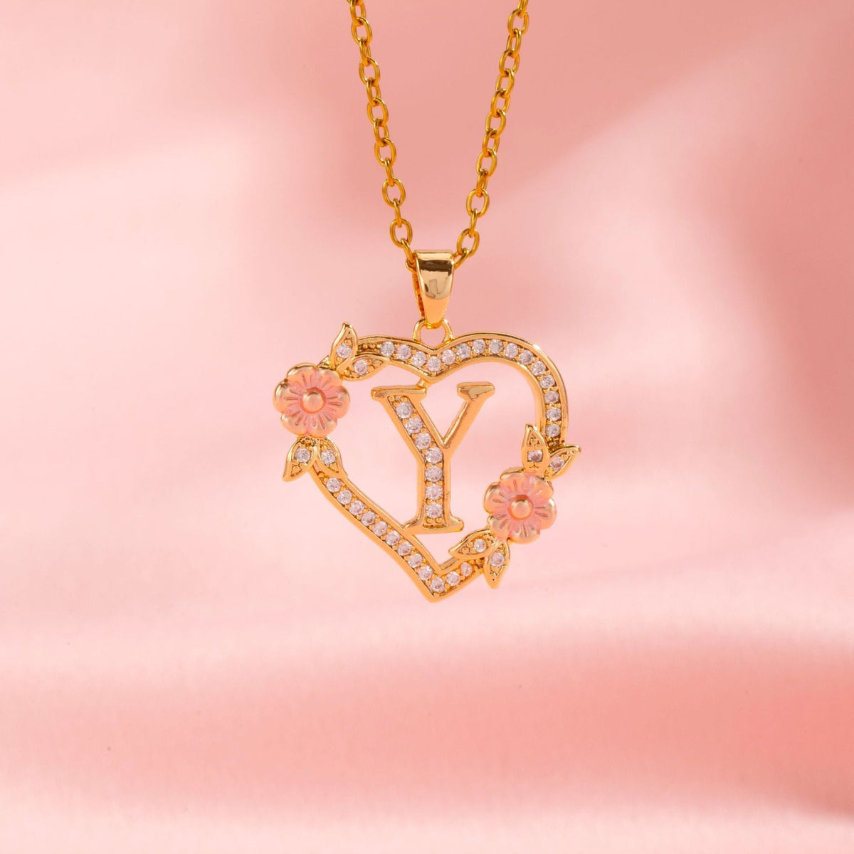 Floral Charm Initial Necklace in Gold Tone