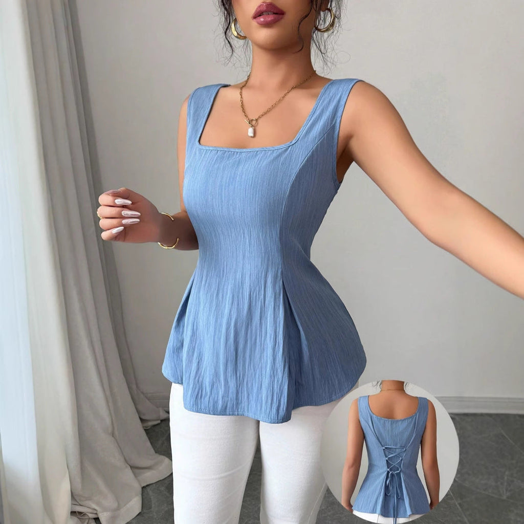 Square-Neck Peplum Top with Sleeveless Straps