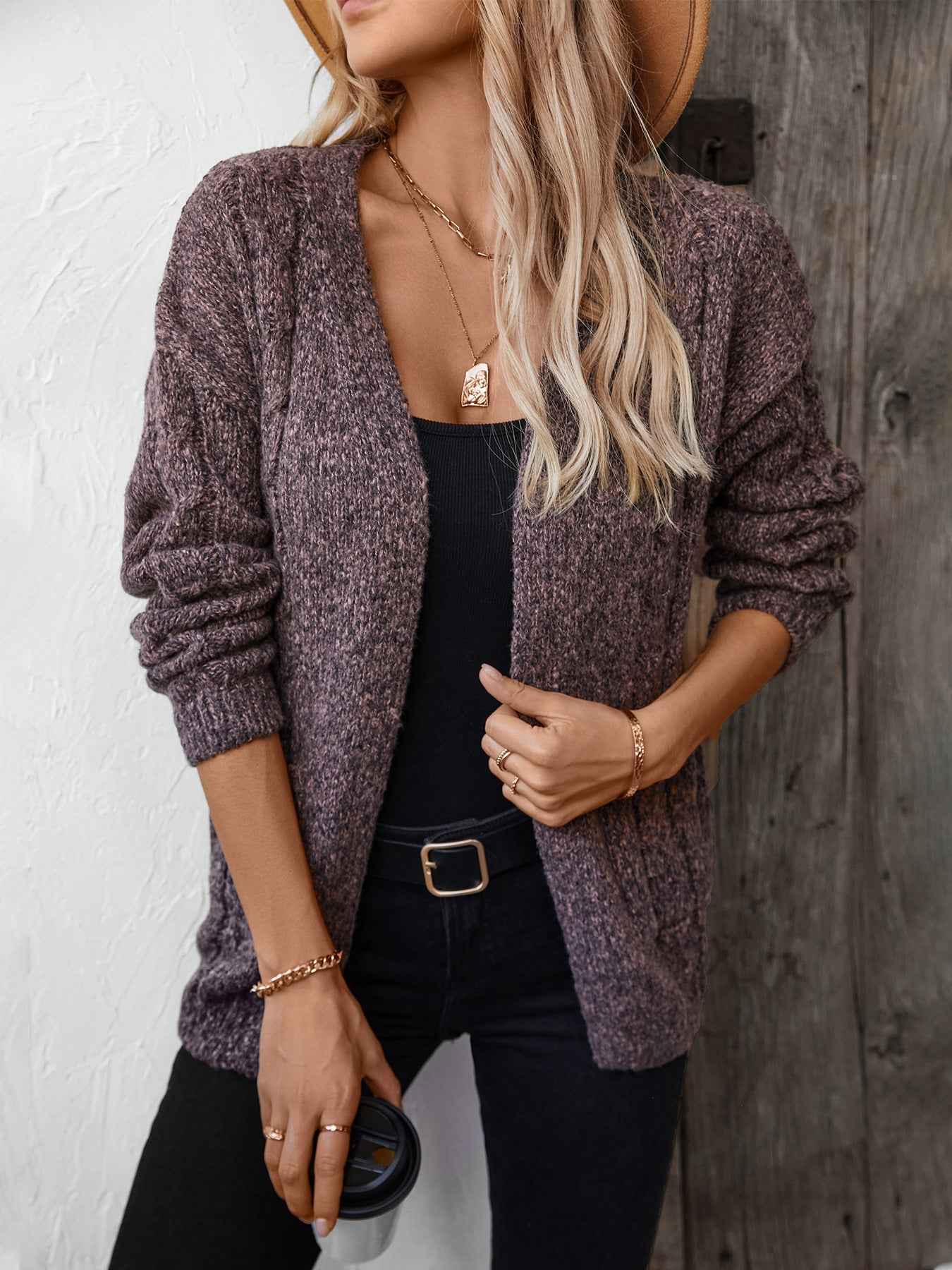 Open Front Cable Knit Cardigan with Long Sleeves and Drape