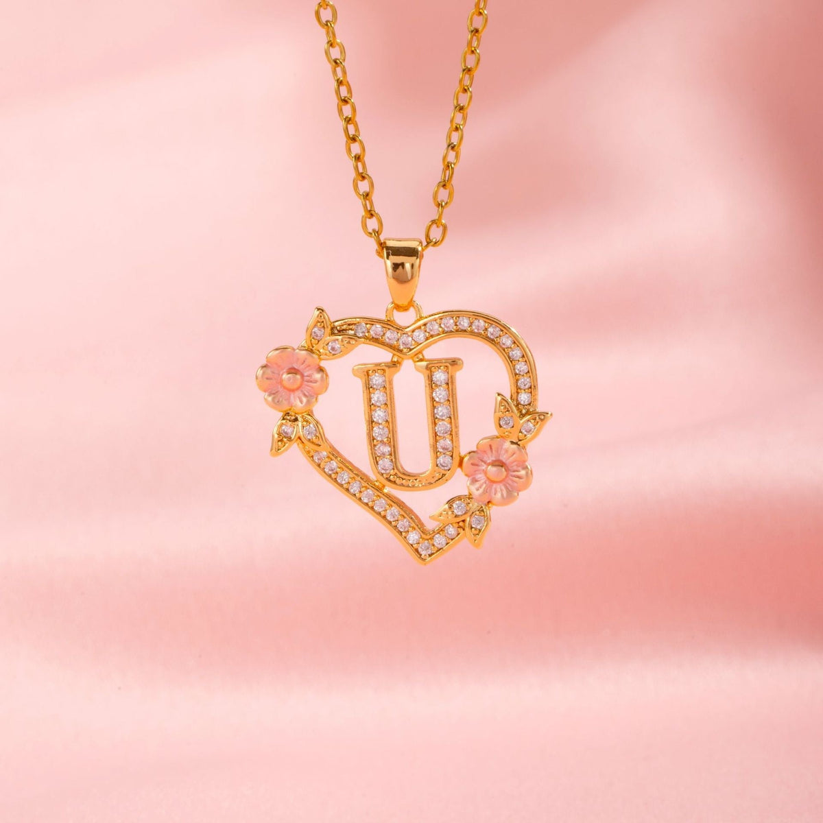 Floral Charm Initial Necklace in Gold Tone