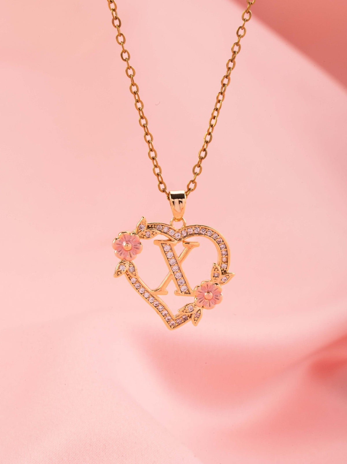 Floral Charm Initial Necklace in Gold Tone