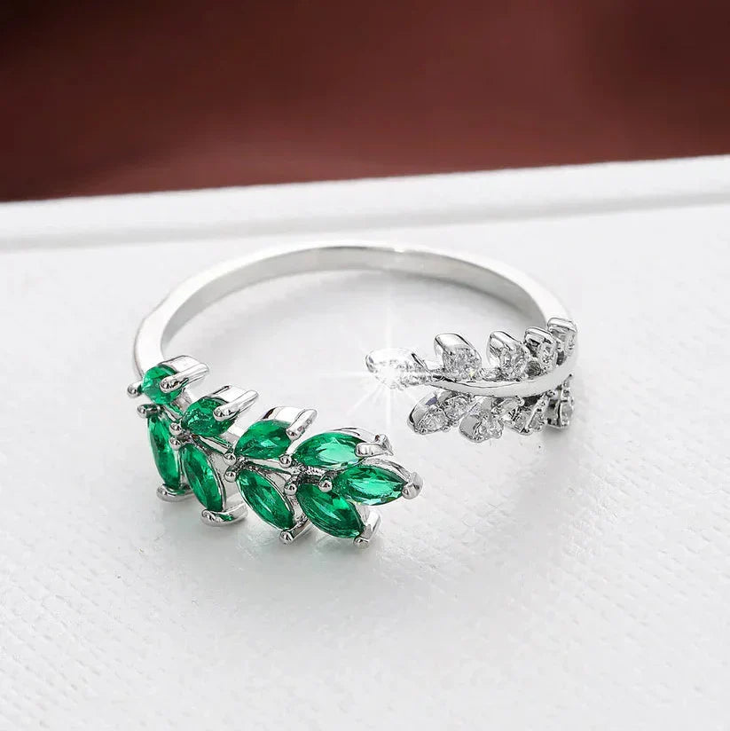 Green Enamel Leaf Vine Ring in Gold Tone