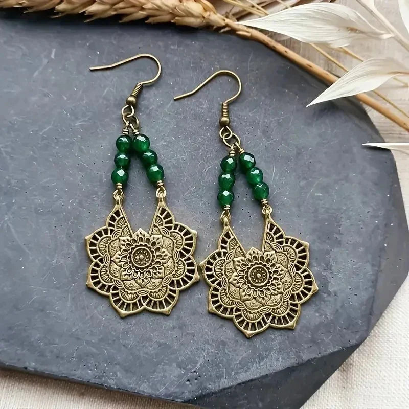 Vintage-Style Gold-Tone and Green Mandala Earrings