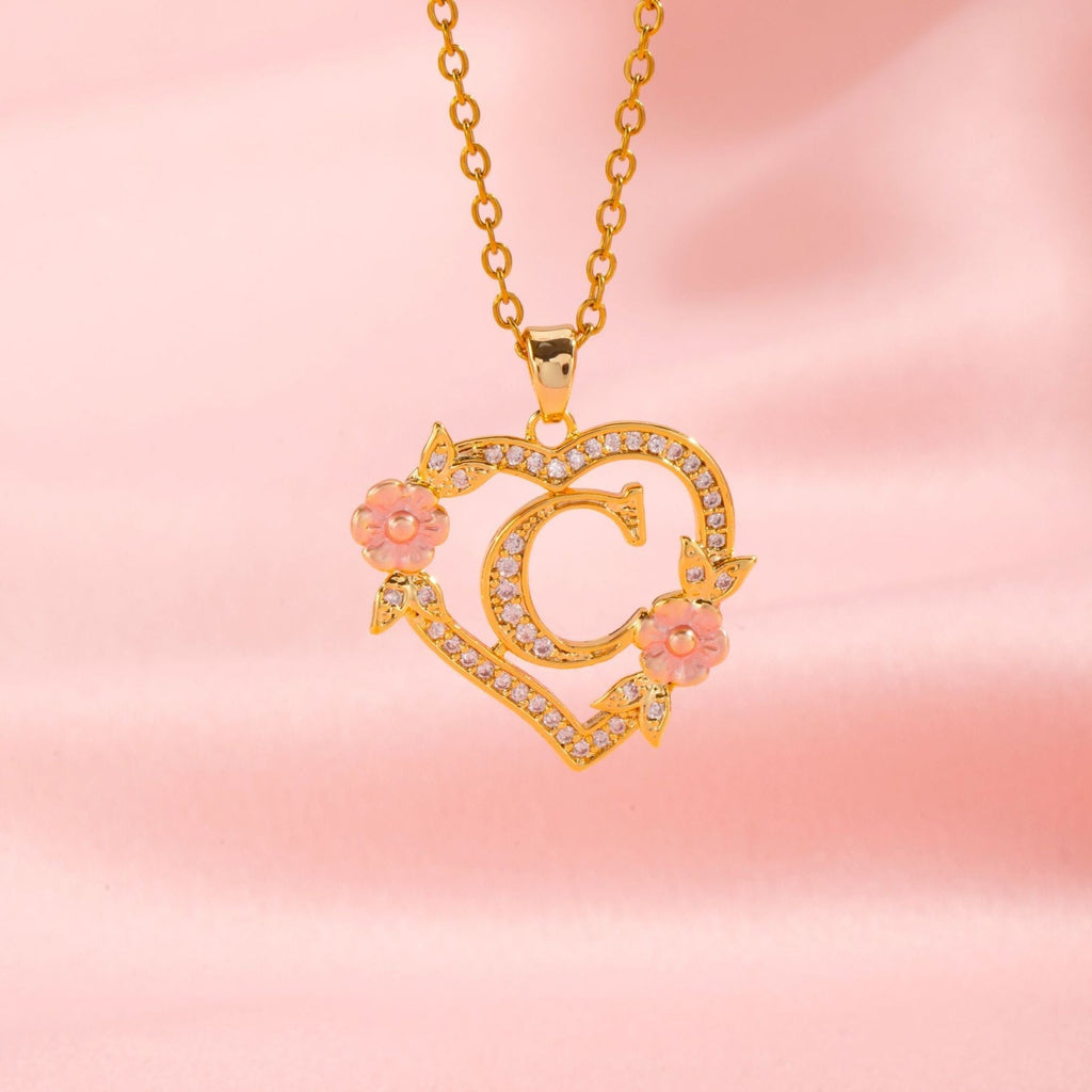 Floral Charm Initial Necklace in Gold Tone