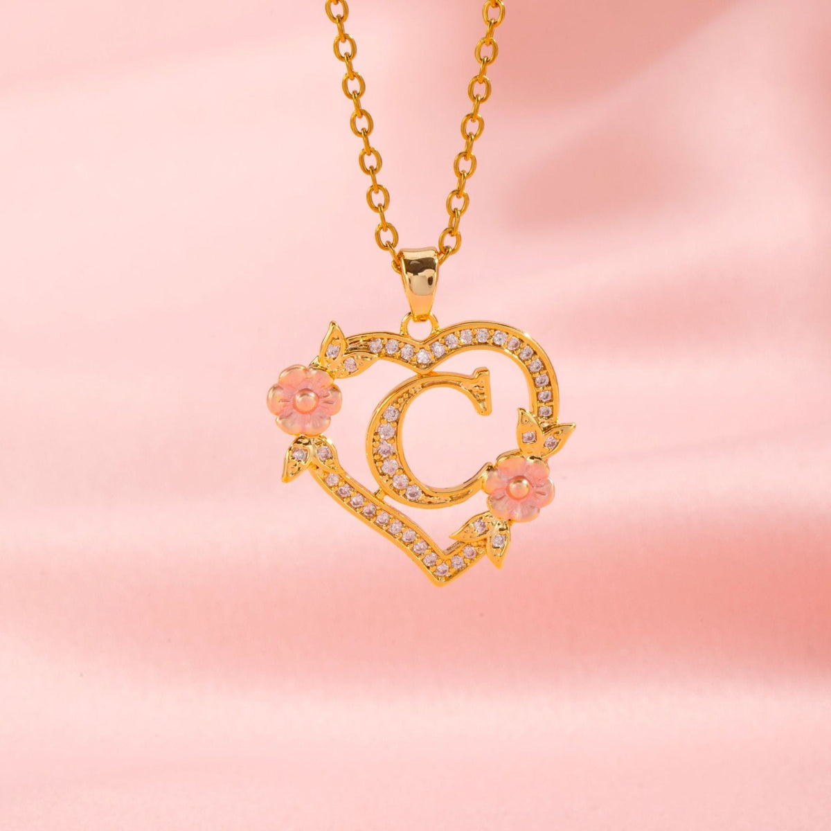 Floral Charm Initial Necklace in Gold Tone