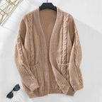 Open Front Cable Knit Cardigan with Long Sleeves and Drape