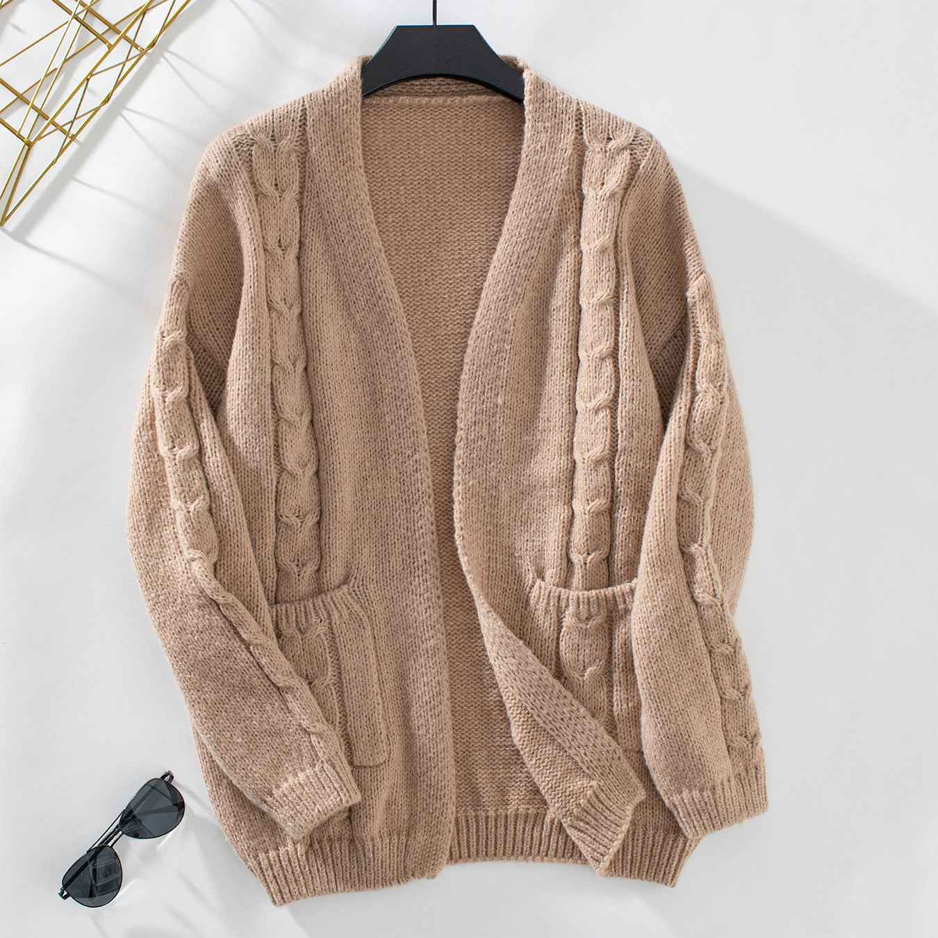 Open Front Cable Knit Cardigan with Long Sleeves and Drape