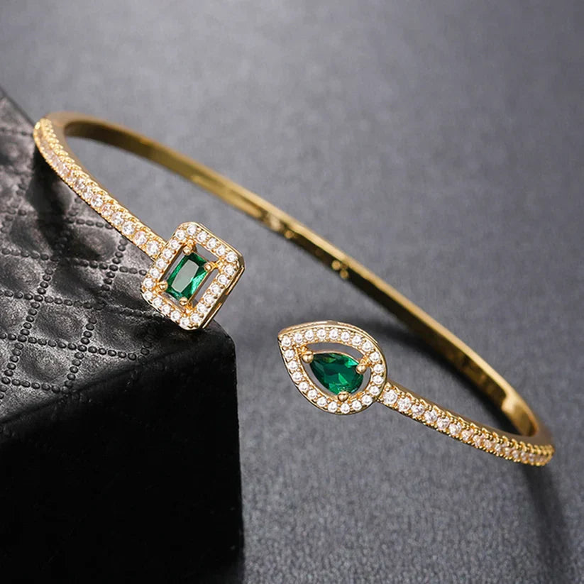 Gold-Tone Open Cuff with Green Square Stones