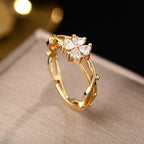 Adjustable Zirconia Flower and Leaf Open Ring