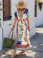 Abstract Print Maxi Dress with V-Neck and Short Sleeves