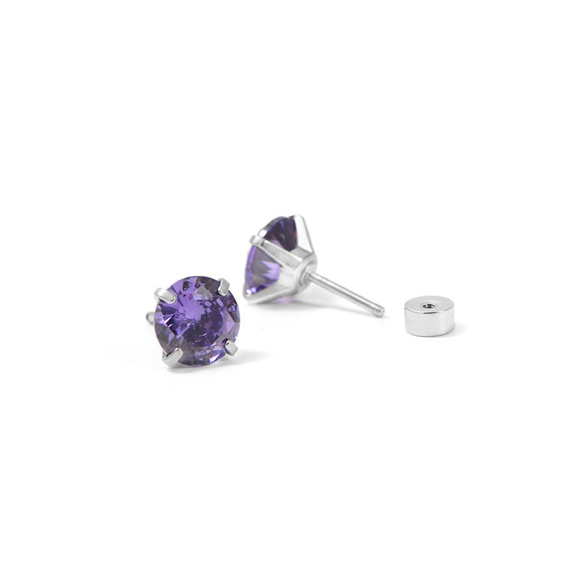 Amethyst-Look Round Stud Earrings in White Gold Tone