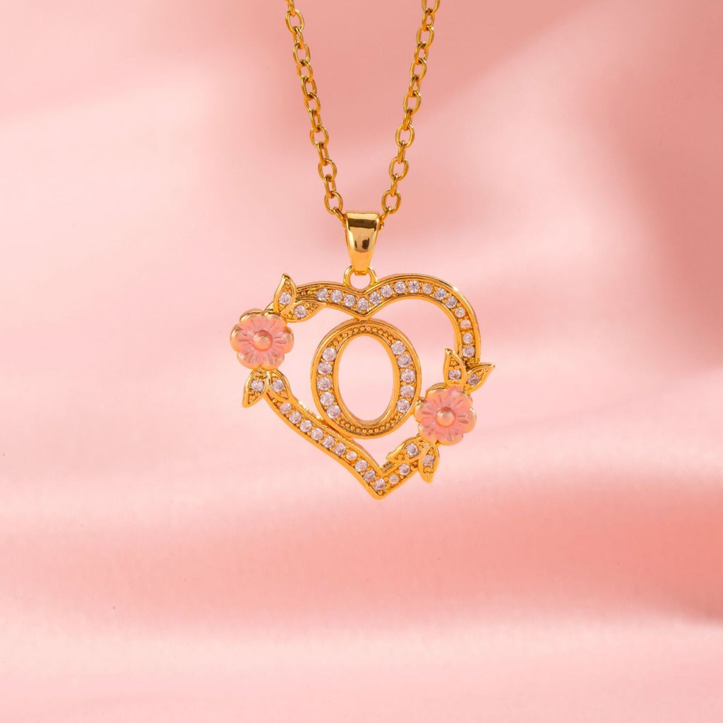 Floral Charm Initial Necklace in Gold Tone