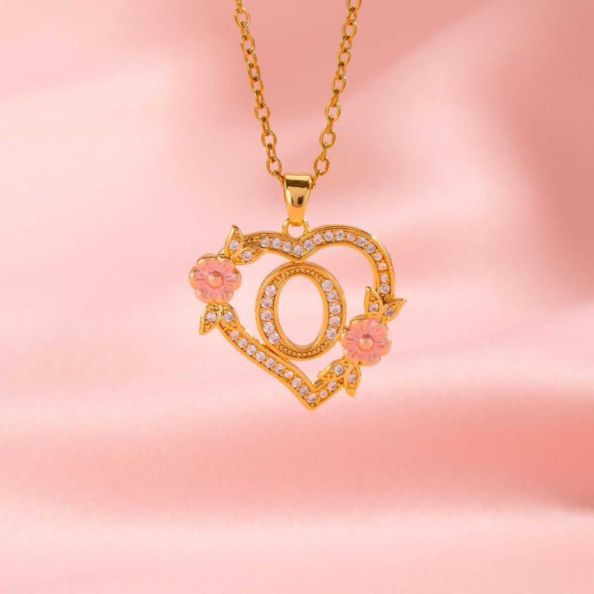Floral Charm Initial Necklace in Gold Tone
