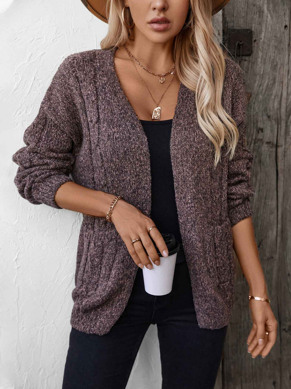 Open Front Cable Knit Cardigan with Long Sleeves and Drape