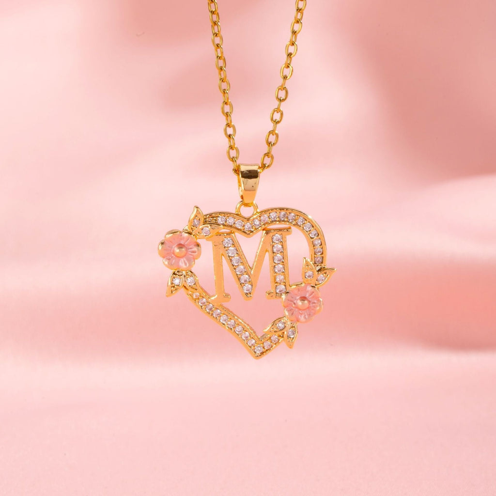 Floral Charm Initial Necklace in Gold Tone