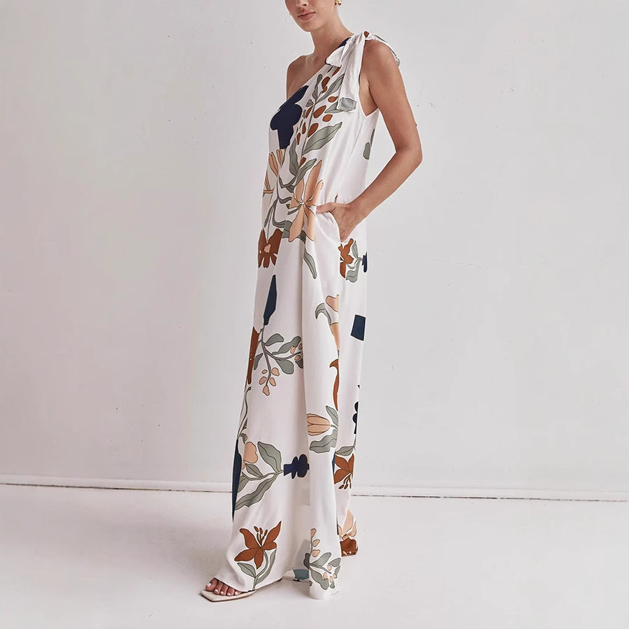 Floral One-Shoulder Maxi Dress With Side Pockets