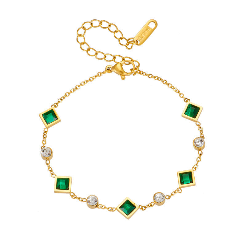 Gold-Tone Chain Bracelet with Green Stone Stations