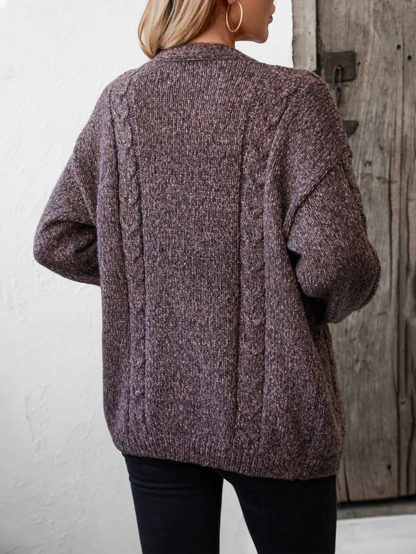 Open Front Cable Knit Cardigan with Long Sleeves and Drape