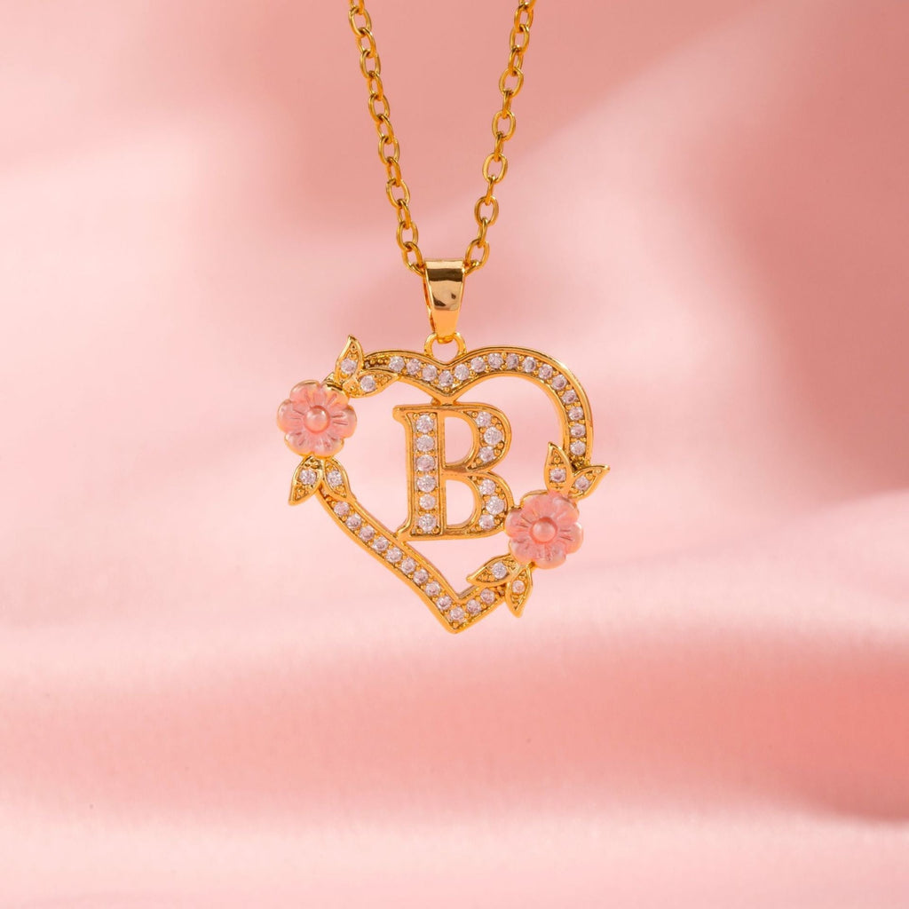 Floral Charm Initial Necklace in Gold Tone