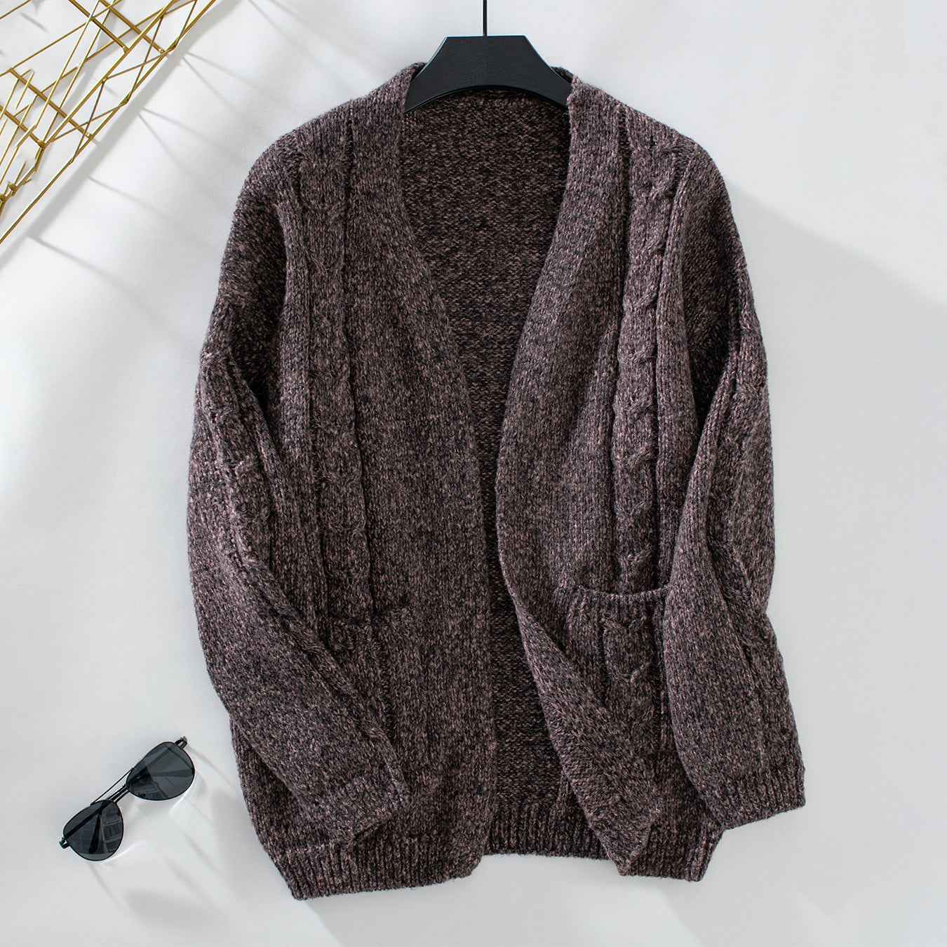 Open Front Cable Knit Cardigan with Long Sleeves and Drape