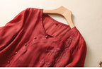 Embroidered Mid-Sleeve Blouse with Asymmetric Button Front