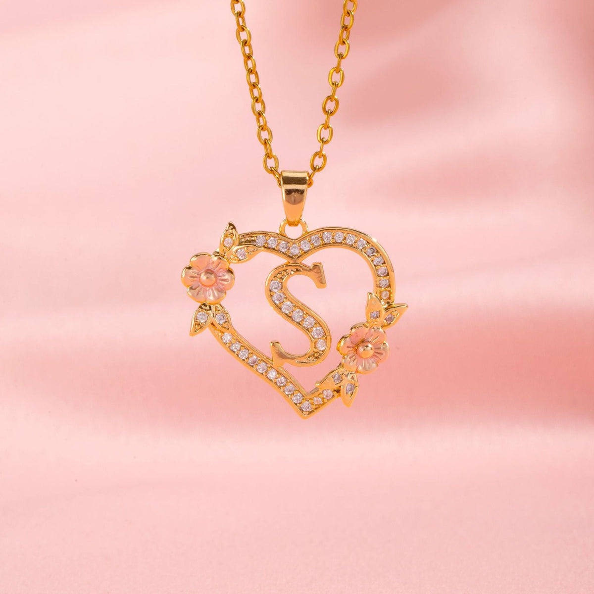 Floral Charm Initial Necklace in Gold Tone