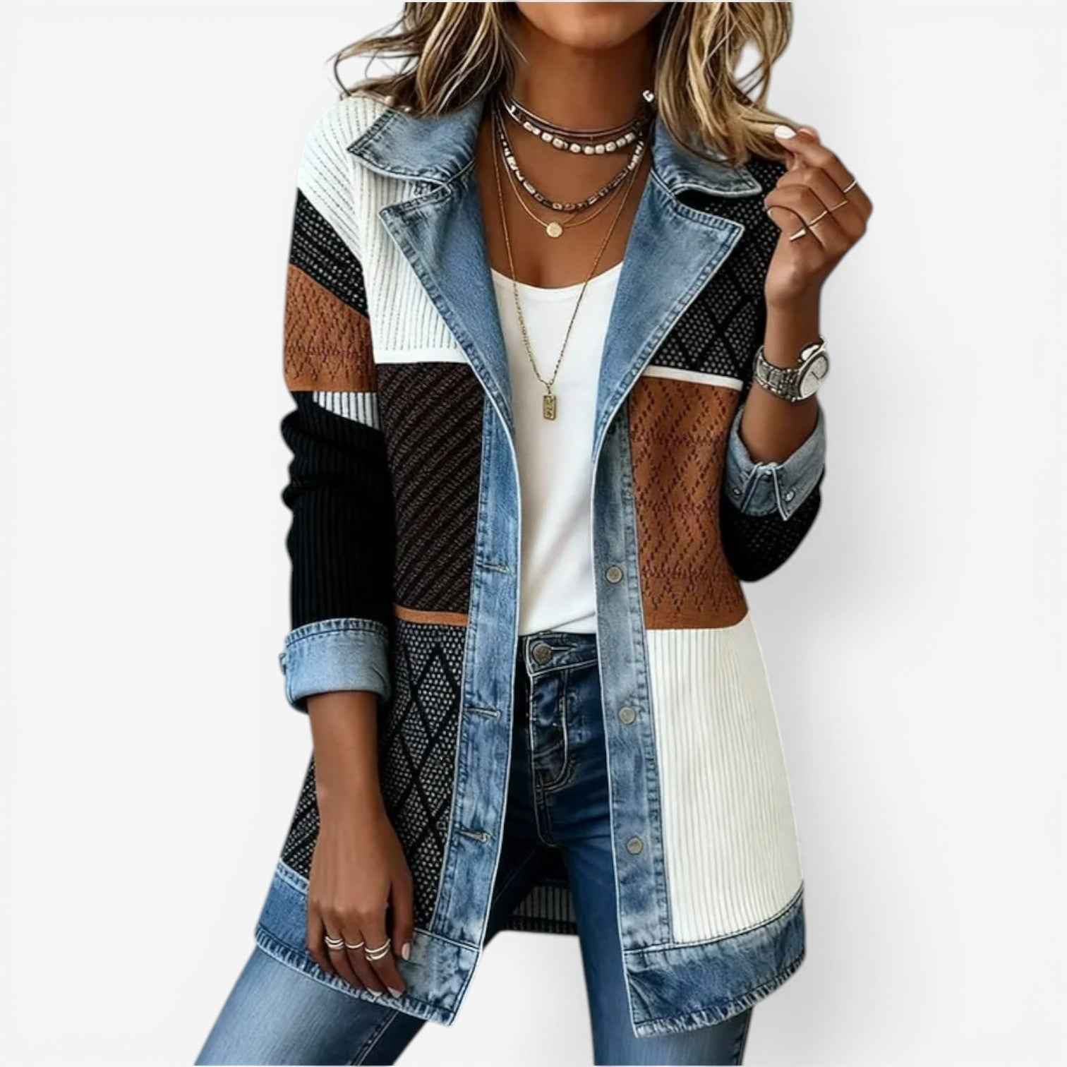 Denim Mix Blazer with Structured Shoulder and Clean Lines