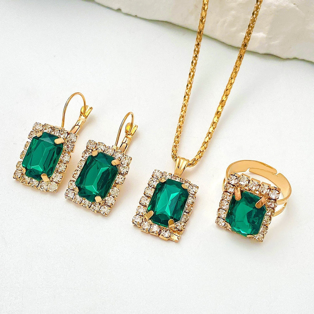 Green Stone Necklace, Earrings and Ring Set in White Gold Tone