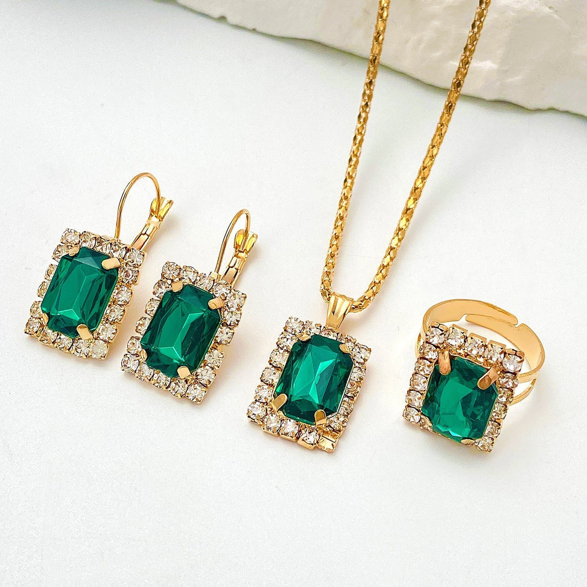 Green Stone Necklace, Earrings and Ring Set in White Gold Tone