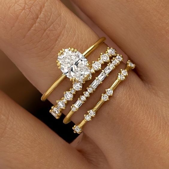 Gold-Tone Oval Zirconia Ring Set with Stacking Bands