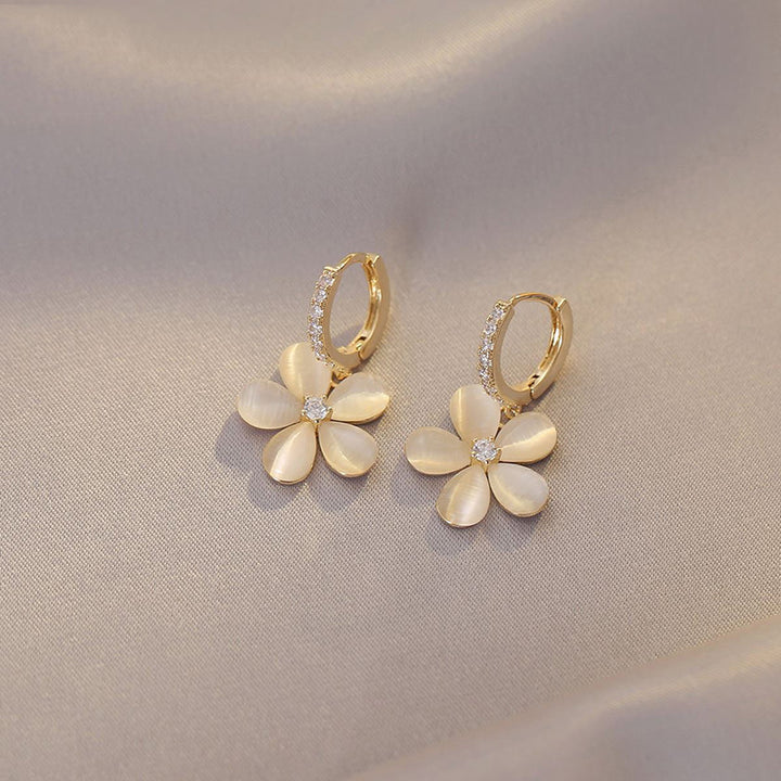 White Flower Drop Earrings in Gold Tone