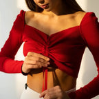 Long-Sleeve Crop Top in Knit with Ruched Front