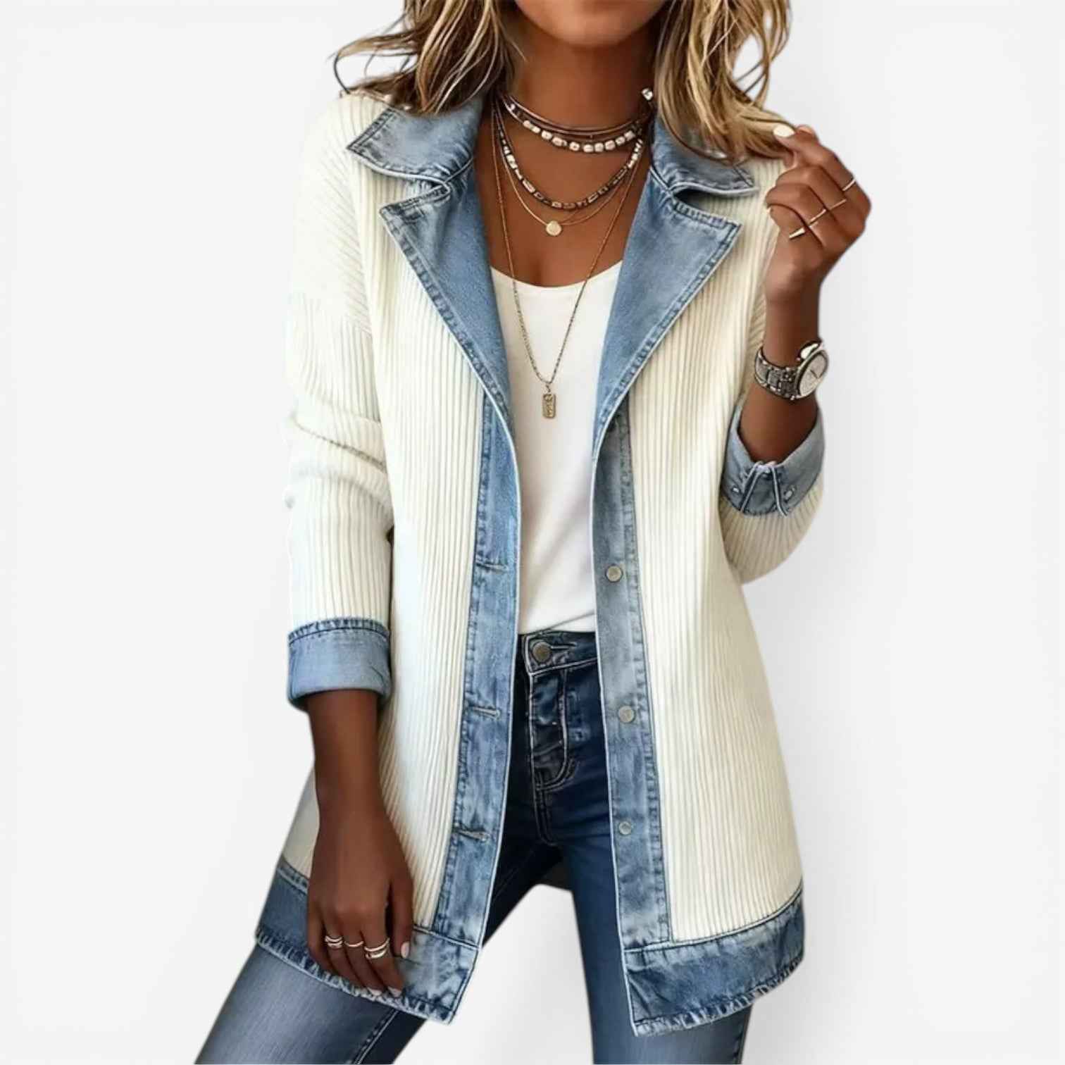 Denim Mix Blazer with Structured Shoulder and Clean Lines