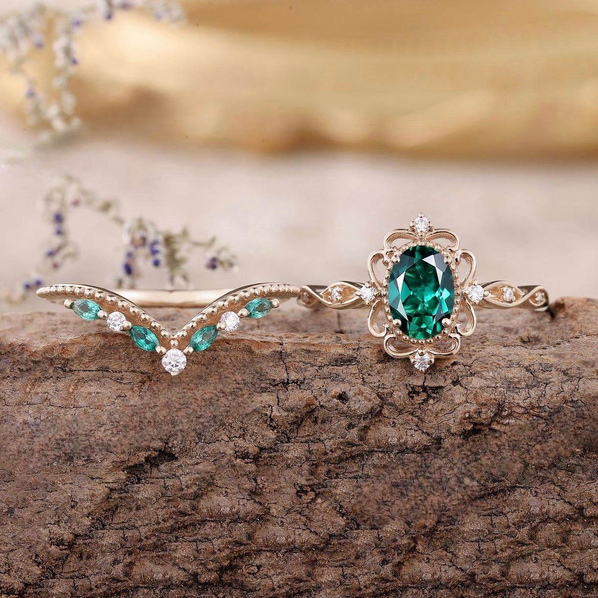 Emerald-Look Crown Ring Set in Rose Gold Tone