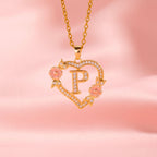 Floral Charm Initial Necklace in Gold Tone