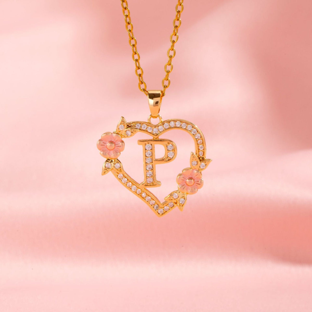 Floral Charm Initial Necklace in Gold Tone