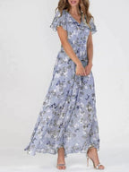 Floral V-Neck Flutter Sleeve Flowing Maxi Dress
