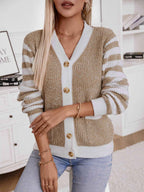 Striped Knit Cardigan with Button Front and Long Sleeves