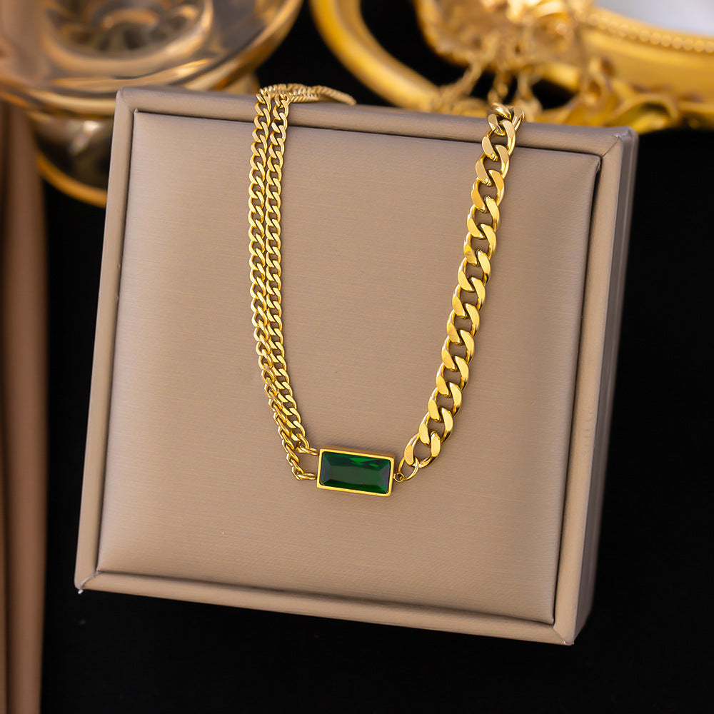 Curb Chain Necklace with Green Baguette Stone