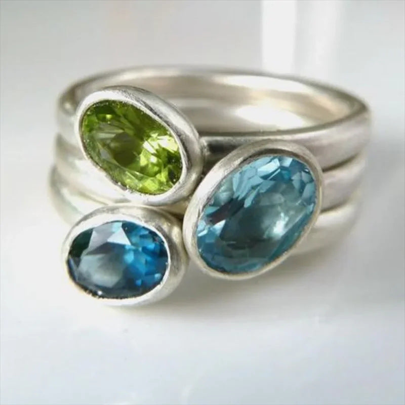 Irregular Multi-Stone Silver-Plated Ring Set