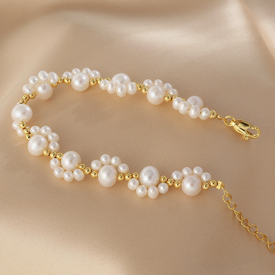 Adjustable Gold-Plated Pearl Bead Bracelet with Cat Paw