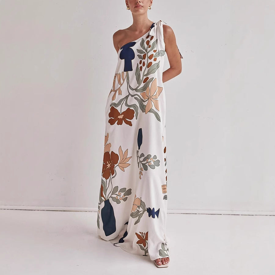 Floral One-Shoulder Maxi Dress With Side Pockets