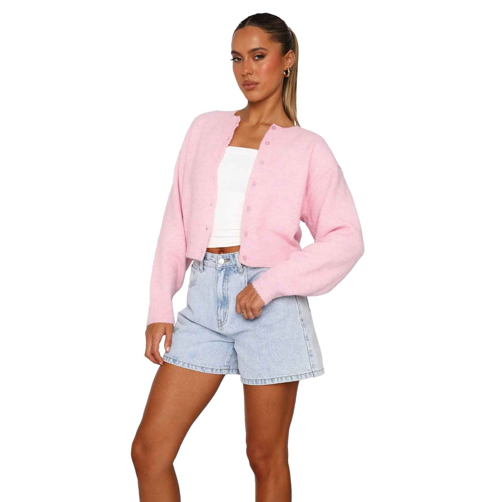 Cropped Long Sleeve Cardigan in Soft Knit for Easy Layering