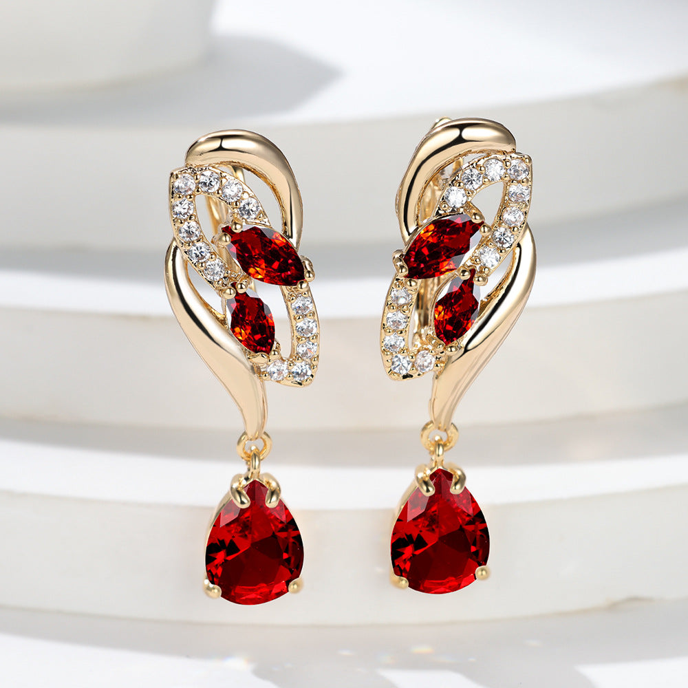 Red Stone Tulip Drop Earrings in Gold Tone