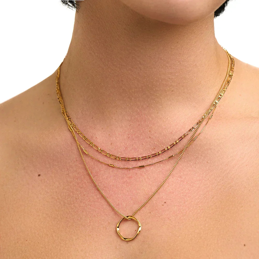 Three-Row Open Circle Necklace in Gold Tone