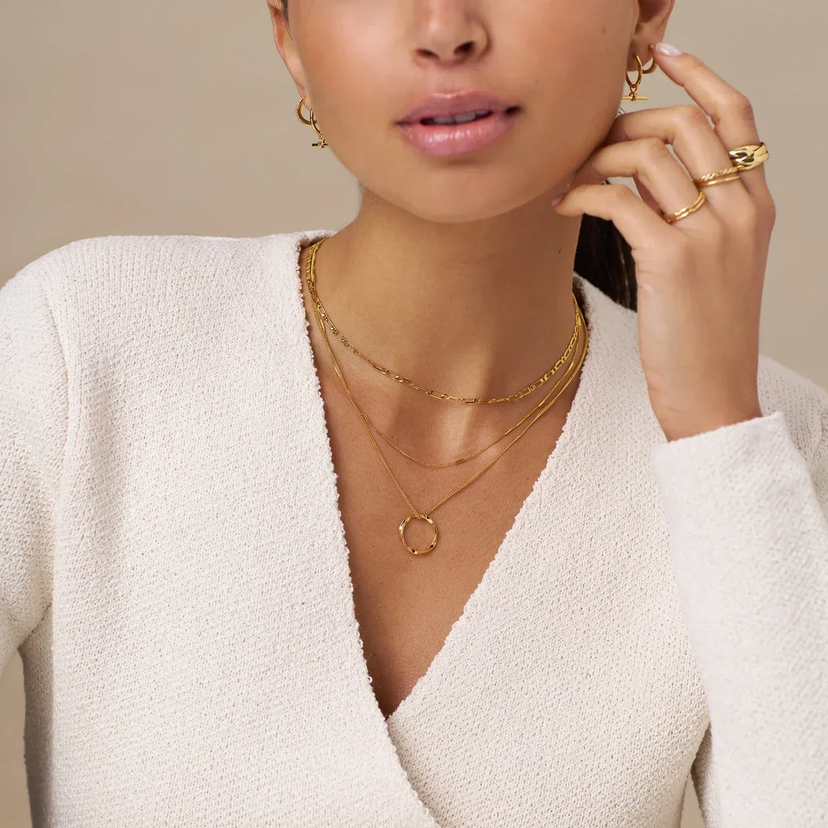 Three-Row Open Circle Necklace in Gold Tone