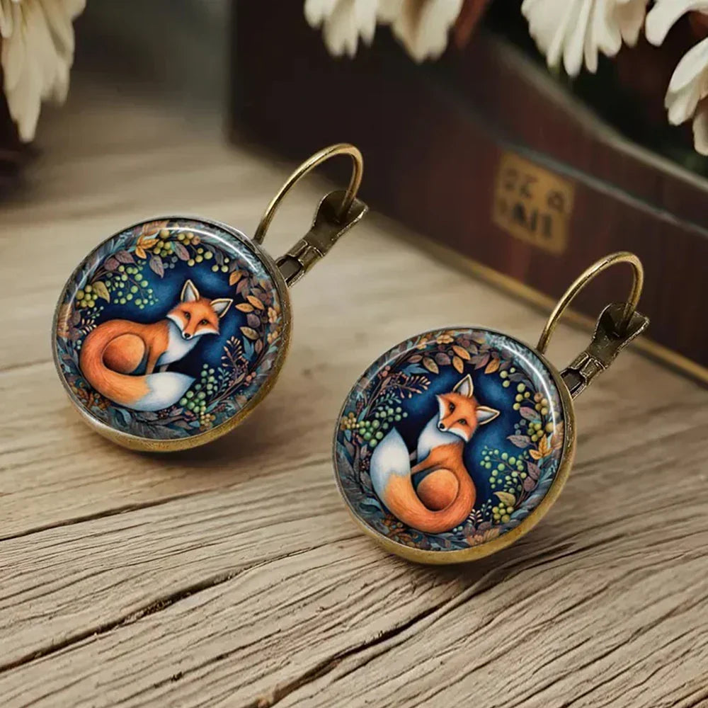 Animal Glass Dome Earrings in Fox, Cat or Chicken