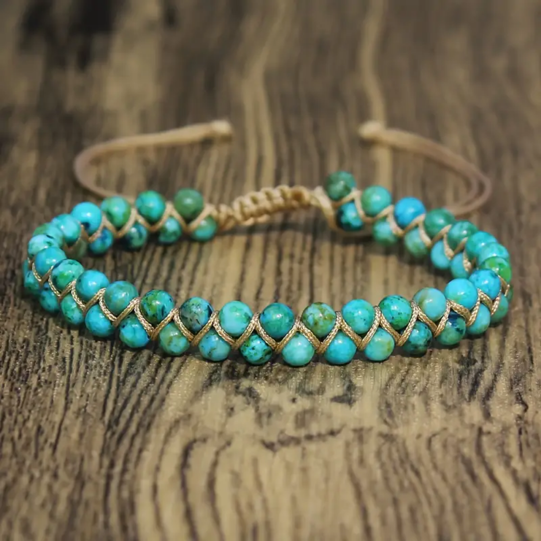 Turquoise Stone Bracelet Wrapped in Gold-Tone Thread