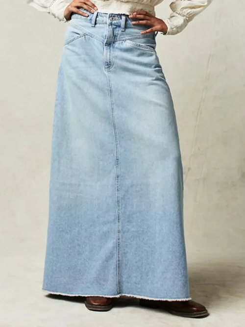 Denim maxi-rok met knoopsluiting